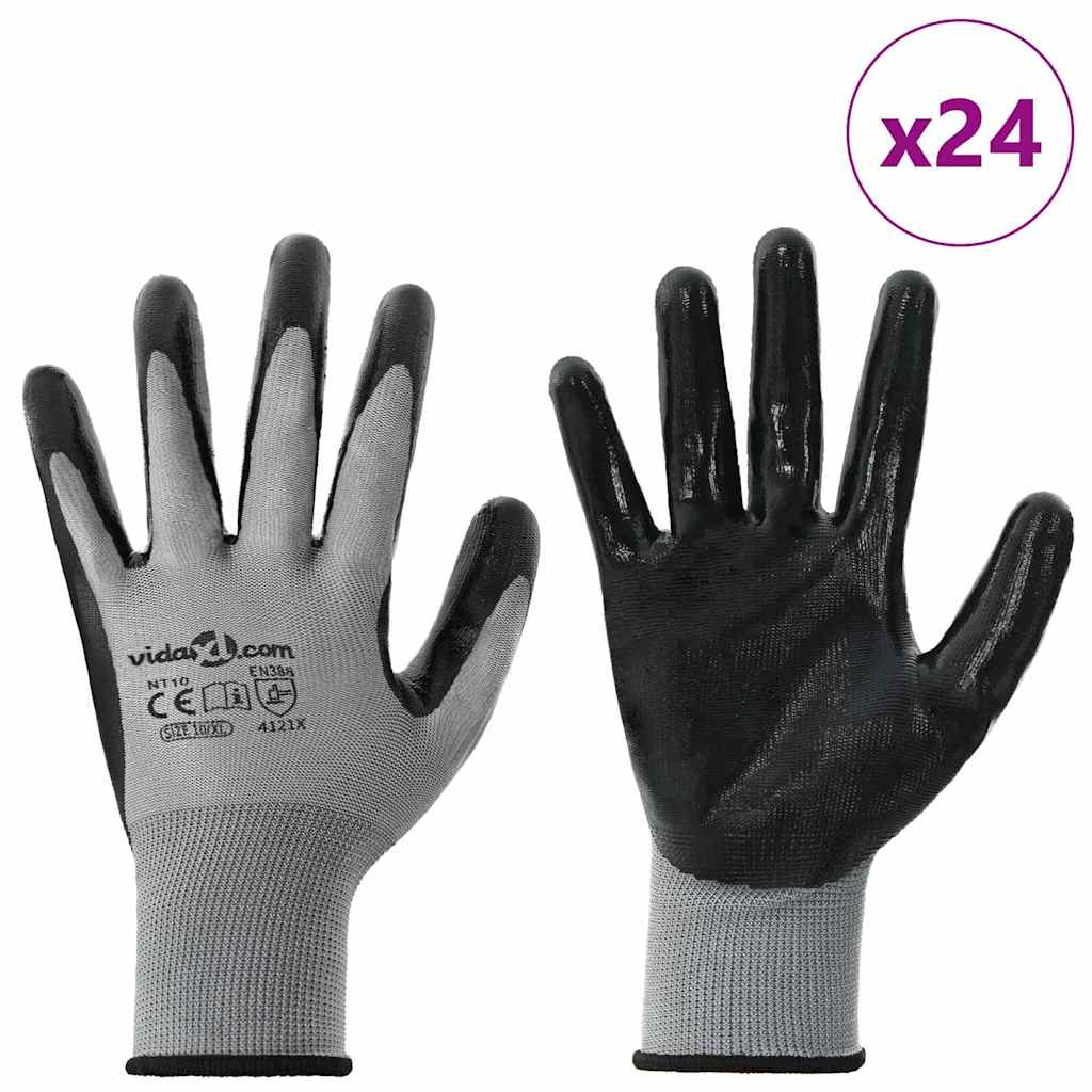 Arbeidshansker 24 pcs Grå og svart 10 / xl Polyester