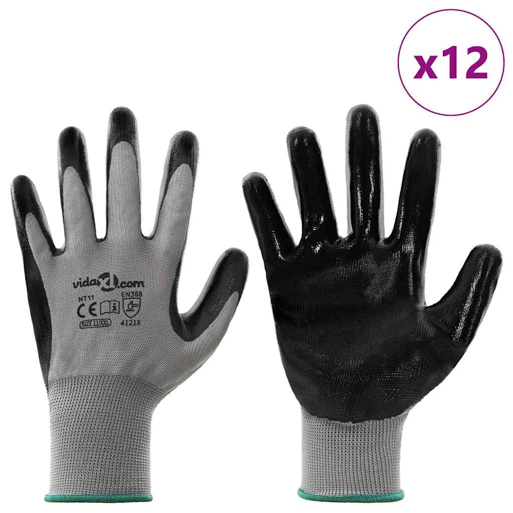 Arbeidshansker 12 pcs Grå og svart 11 / XXL Polyester