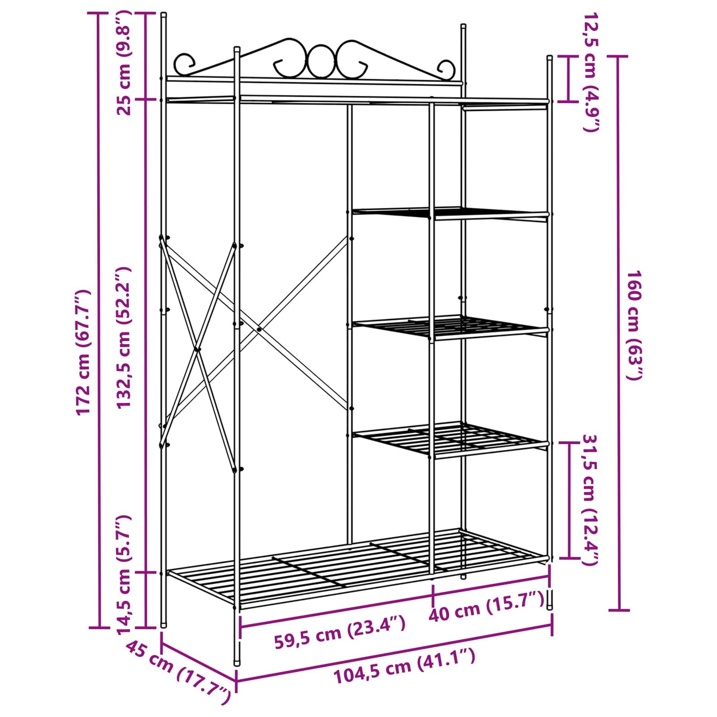 Åpen Garderobe med hylle Svart 104,5 x 45 x 172 cm Stål