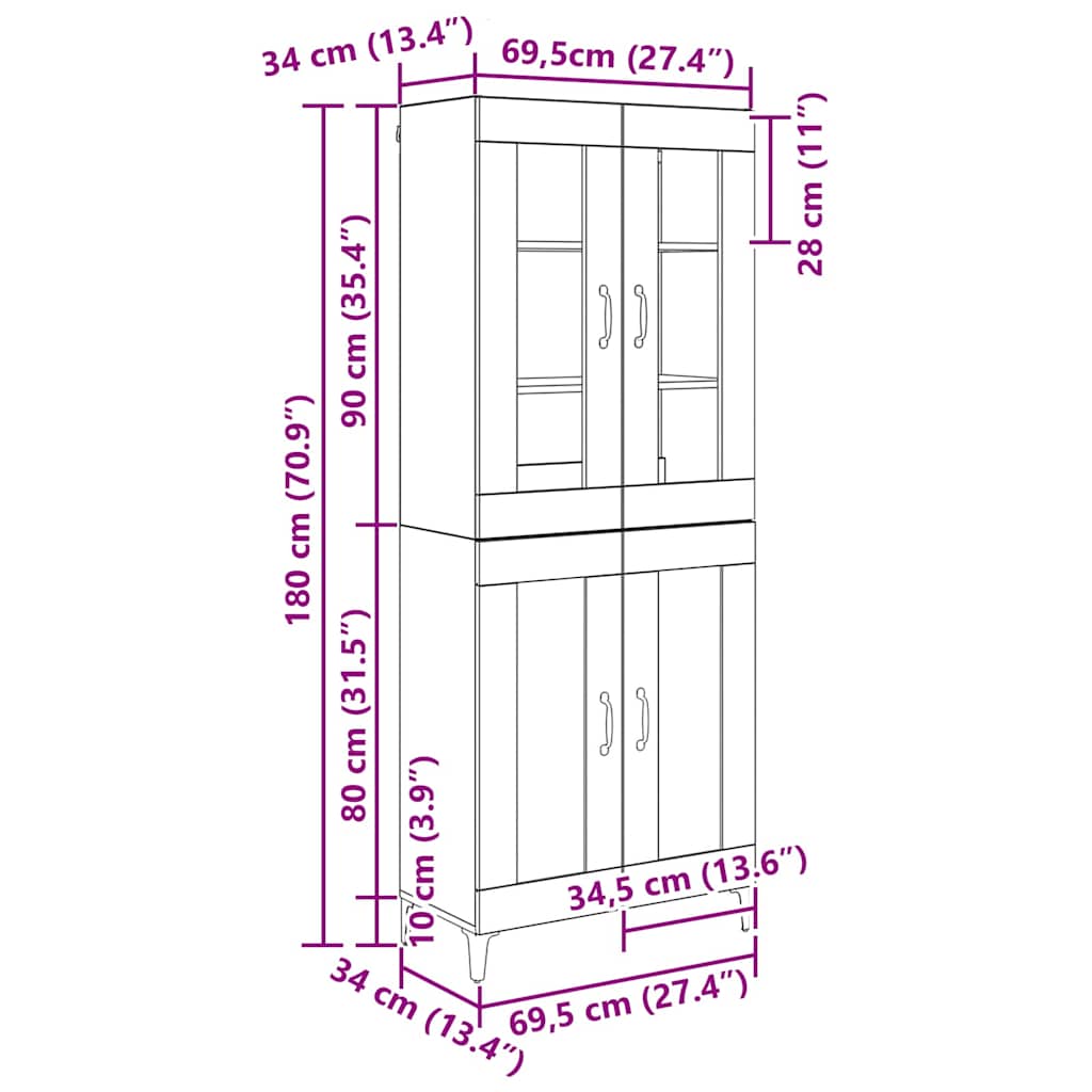 Høyskap Svart Eik 69,5 x 34 x 180 cm Konstruert tre