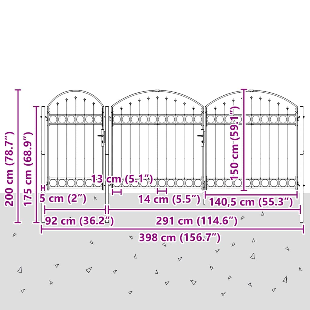 Hagegjerdeport med Bueformet Topp Assen Grå 400 x 100 cm Stål