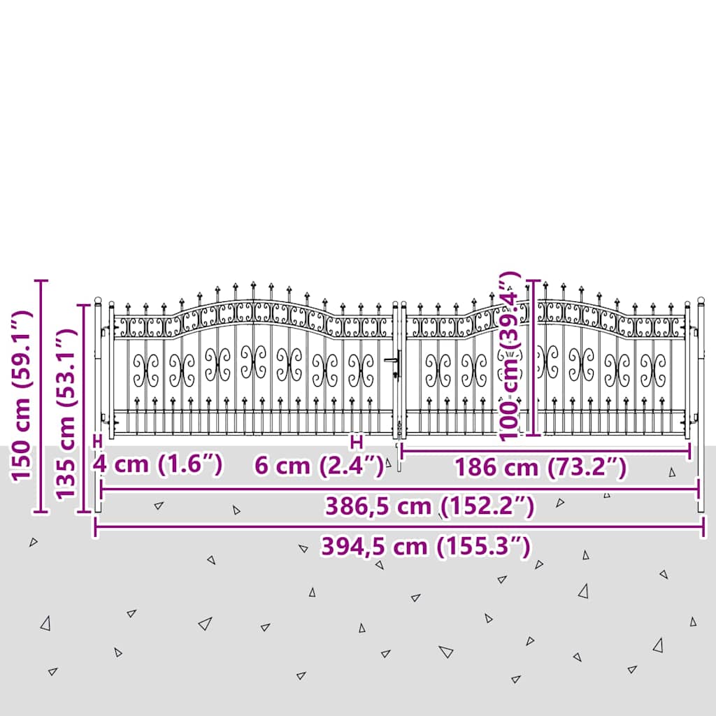 Gjerdedør med Lanse Topp med lås Grå 404 x 100 cm Stål