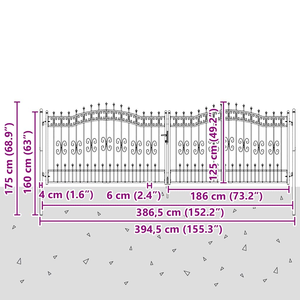 Gjerdedør med Lanse Topp med lås Grå 404 x 125 cm Stål