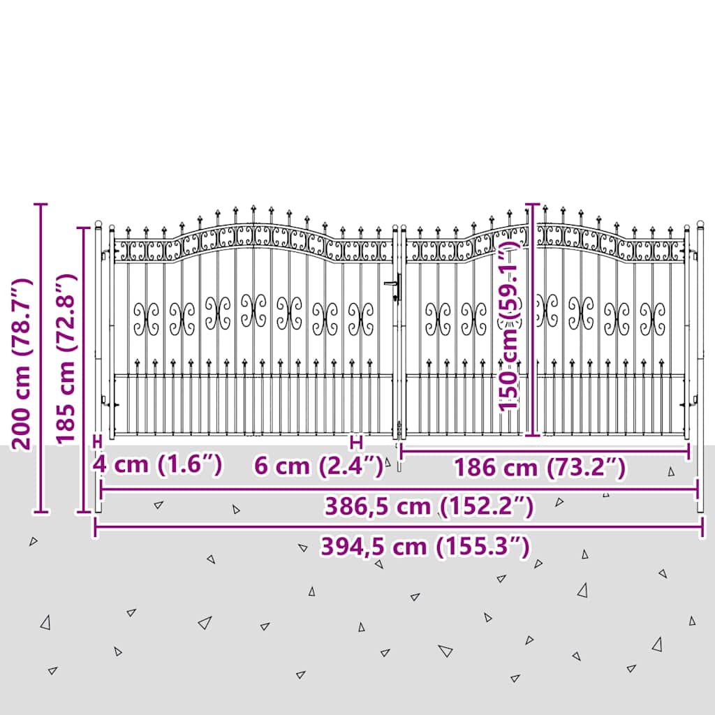 Gjerdedør med Lanse Topp med lås Grå 404 x 150 cm Stål