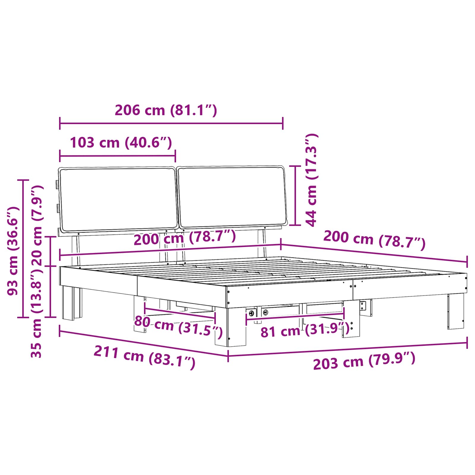 Sengeramme med Polstret Hodegjerde Lysegrå 200 x 200 cm