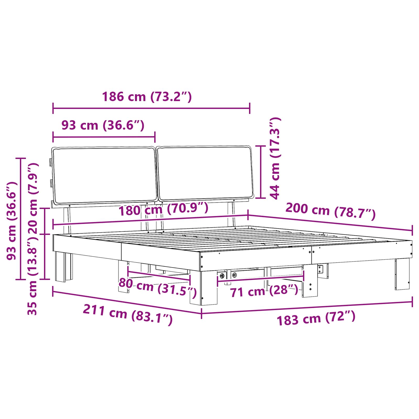 Sengeramme med Polstret Hodegjerde Lysegrå 180 x 200 cm