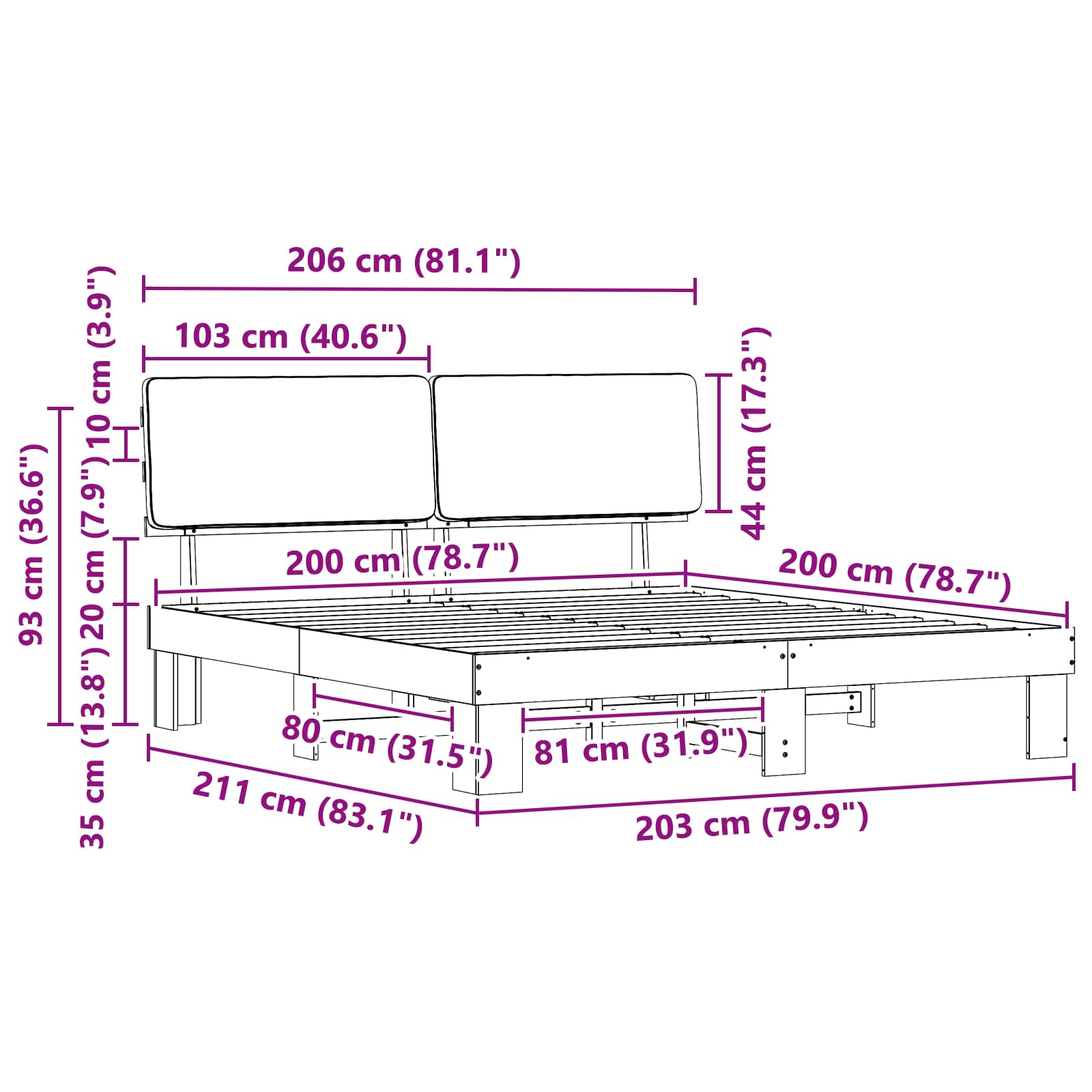 Sengeramme med Polstret Hodegjerde Svart 200 x 200 cm