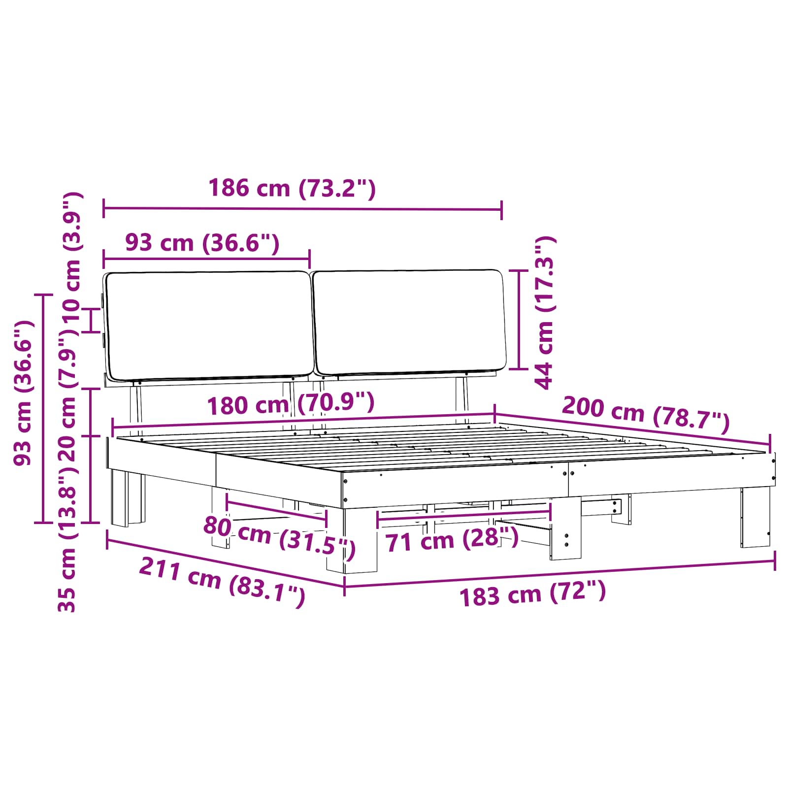 Sengeramme med Polstret Hodegjerde Mørkegrå 180 x 200 cm