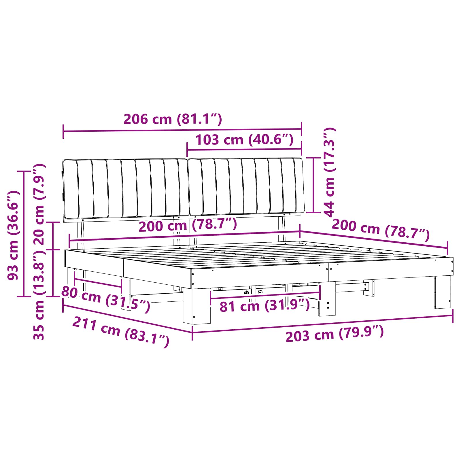 Sengeramme med Polstret Hodegjerde Mørkegrå 200 x 200 cm