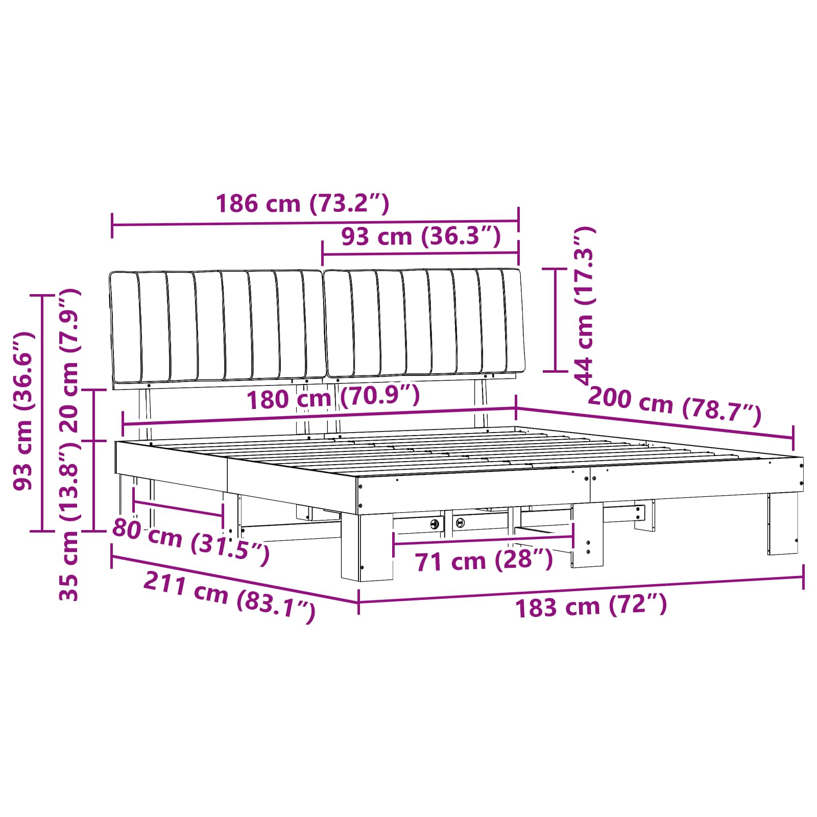 Sengeramme med Polstret Hodegjerde Mørkegrå 180 x 200 cm