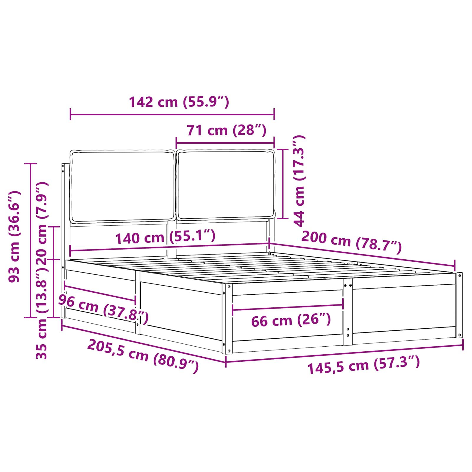 Sengeramme med Polstret Hodegjerde Svart 140 x 200 cm