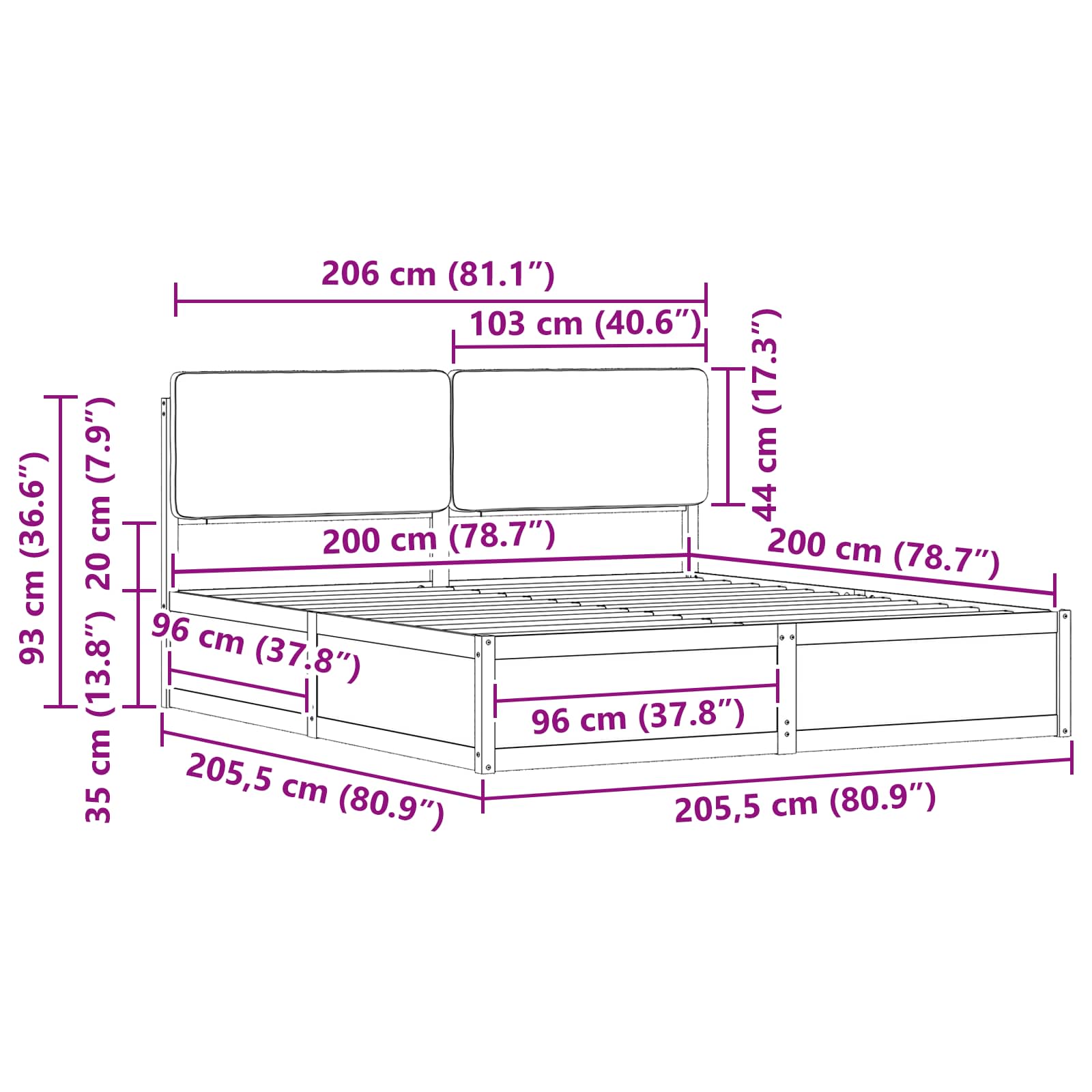 Sengeramme med Polstret Hodegjerde Svart 200 x 200 cm