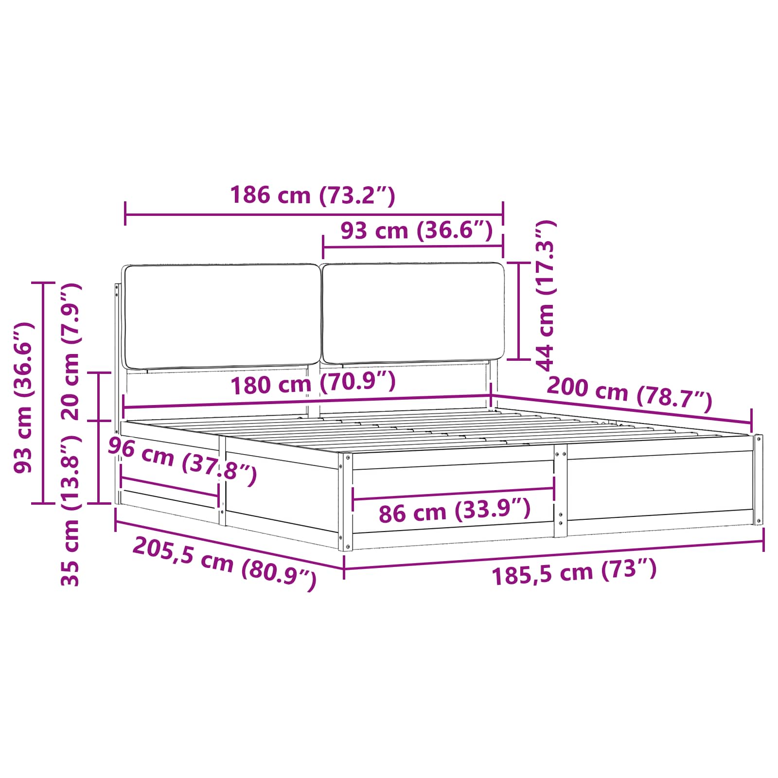 Sengeramme med Polstret Hodegjerde Svart 180 x 200 cm