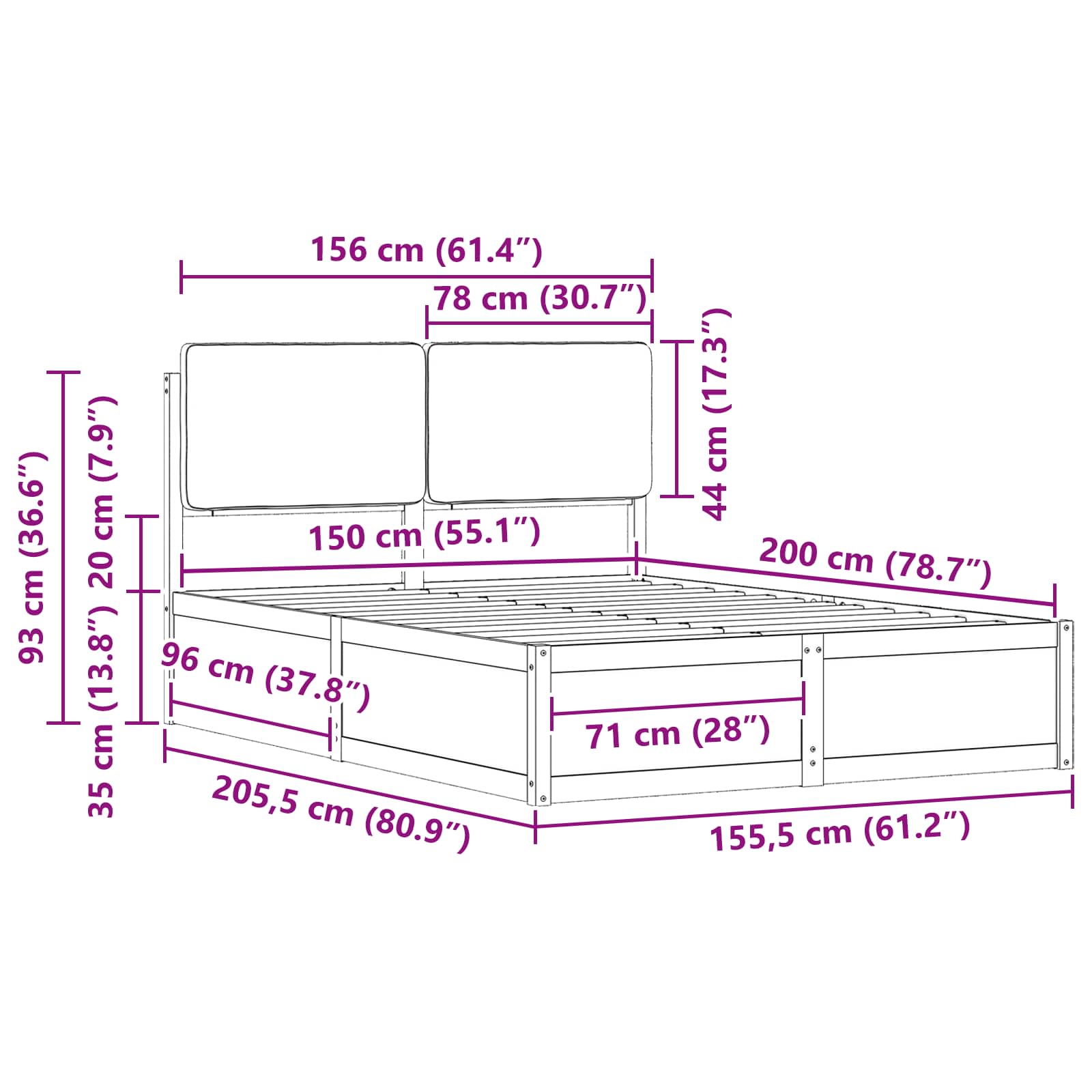 Sengeramme med Polstret Hodegjerde Gråbrun 150 x 200 cm