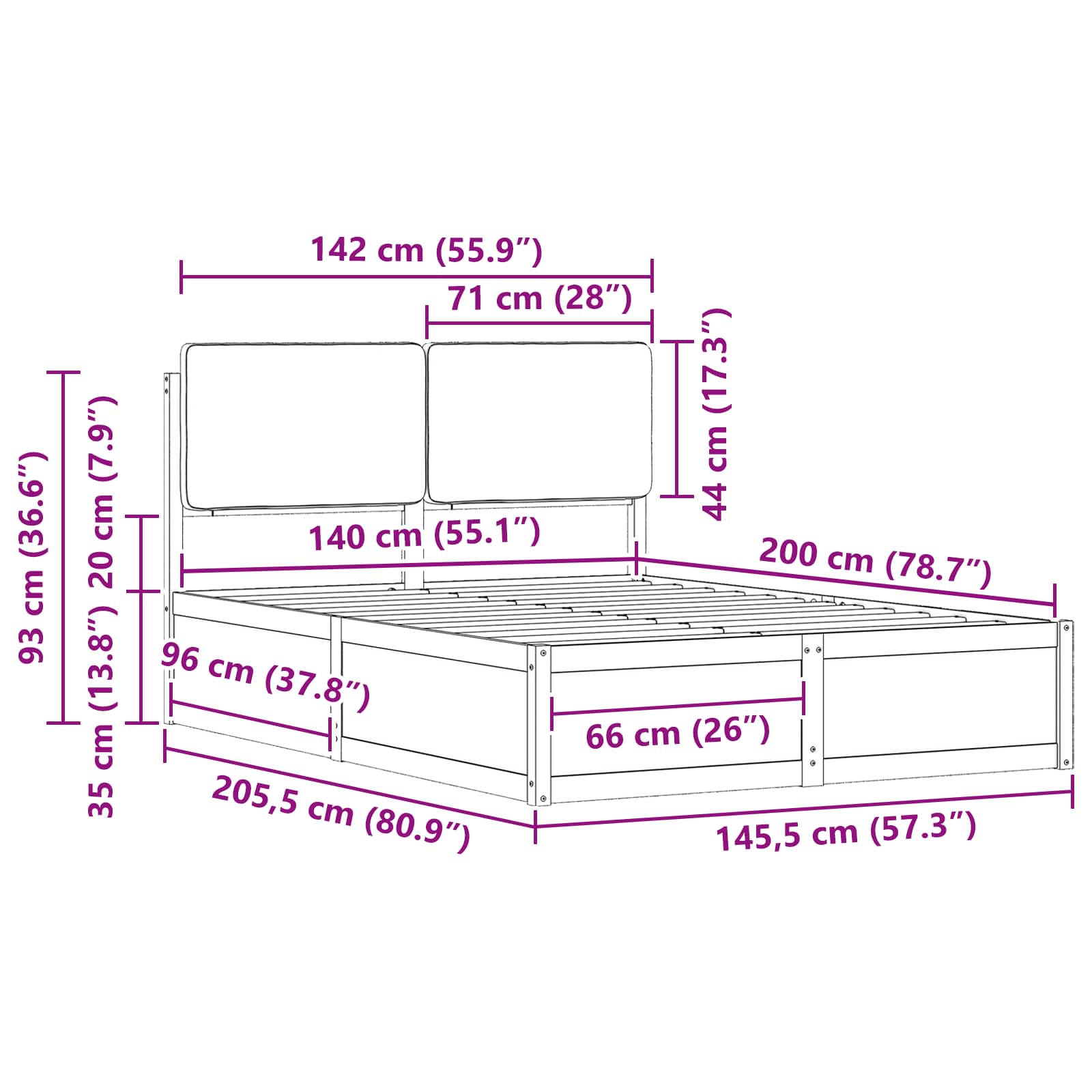 Sengeramme med Polstret Hodegjerde Svart 140 x 200 cm