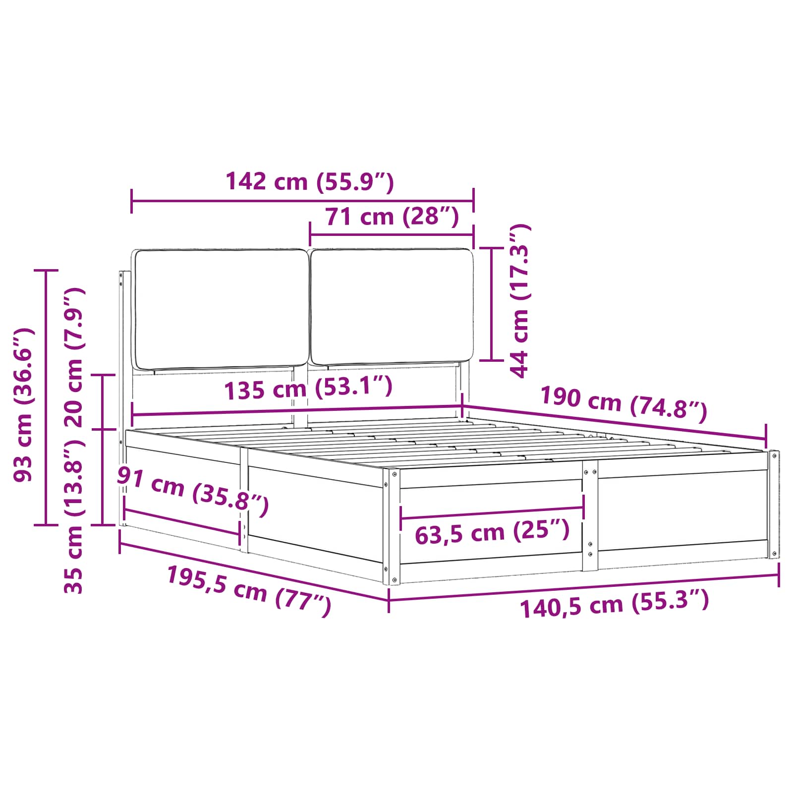 Sengeramme med Polstret Hodegjerde Lysegrå 135 x 190 cm