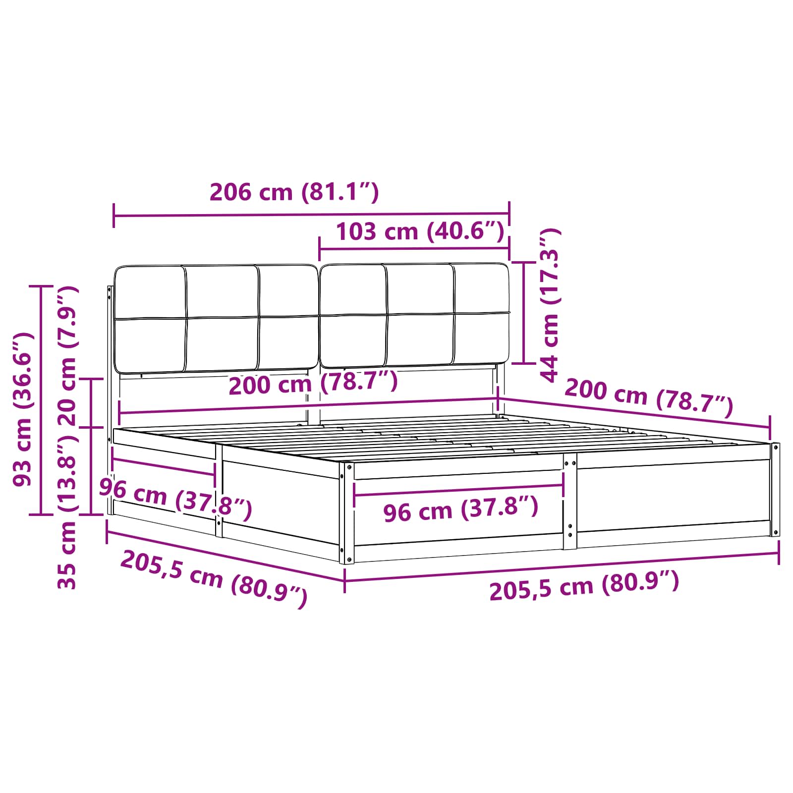 Sengeramme med Polstret Hodegjerde Mørkegrå 200 x 200 cm