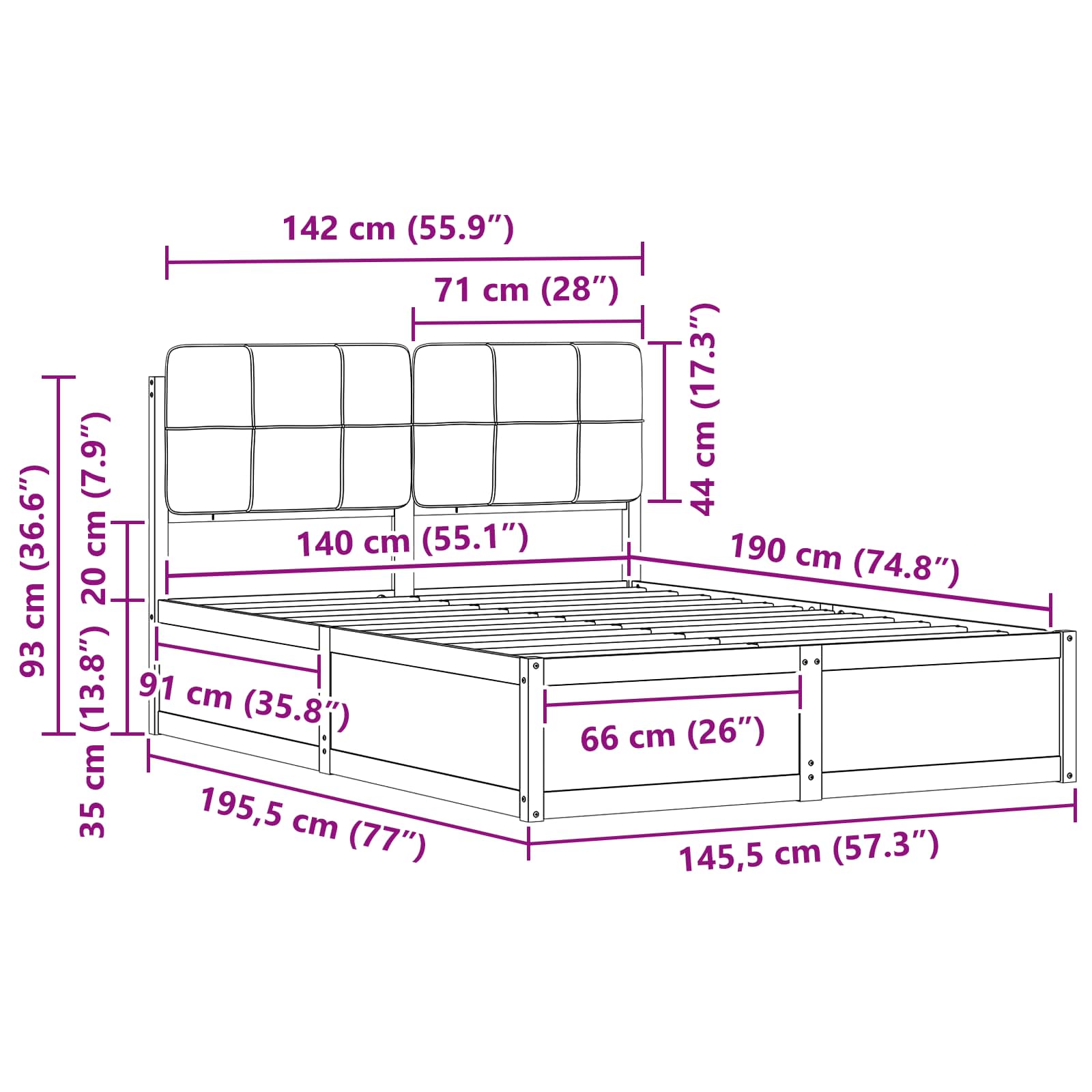 Sengeramme med Polstret Hodegjerde Mørkegrå 140 x 190 cm