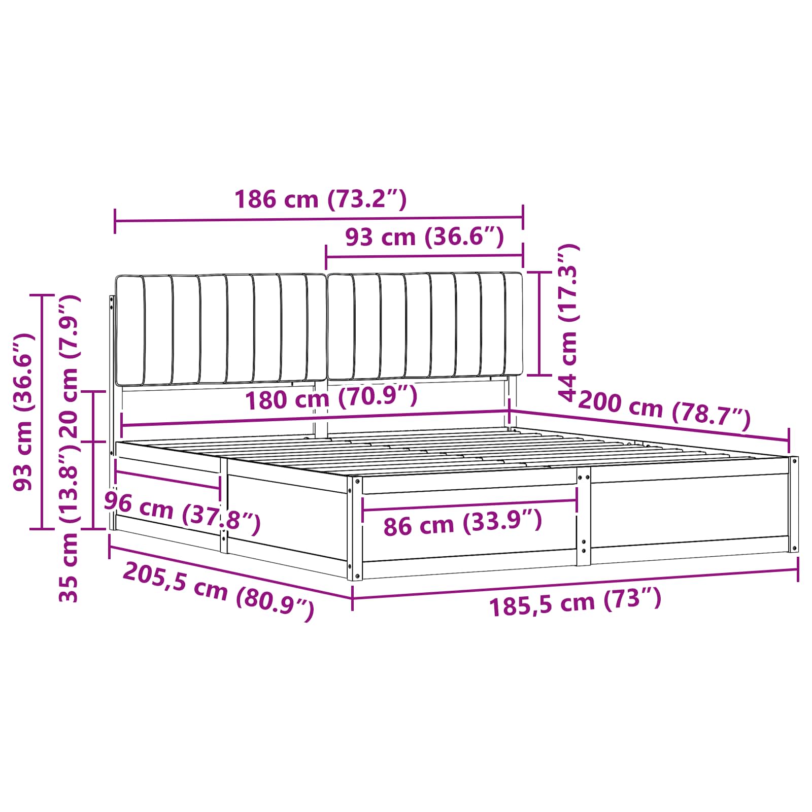 Sengeramme med Polstret Hodegjerde Lysegrå 180 x 200 cm