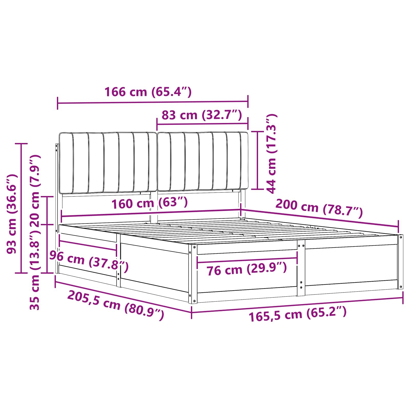 Sengeramme med Polstret Hodegjerde Lysegrå 160 x 200 cm
