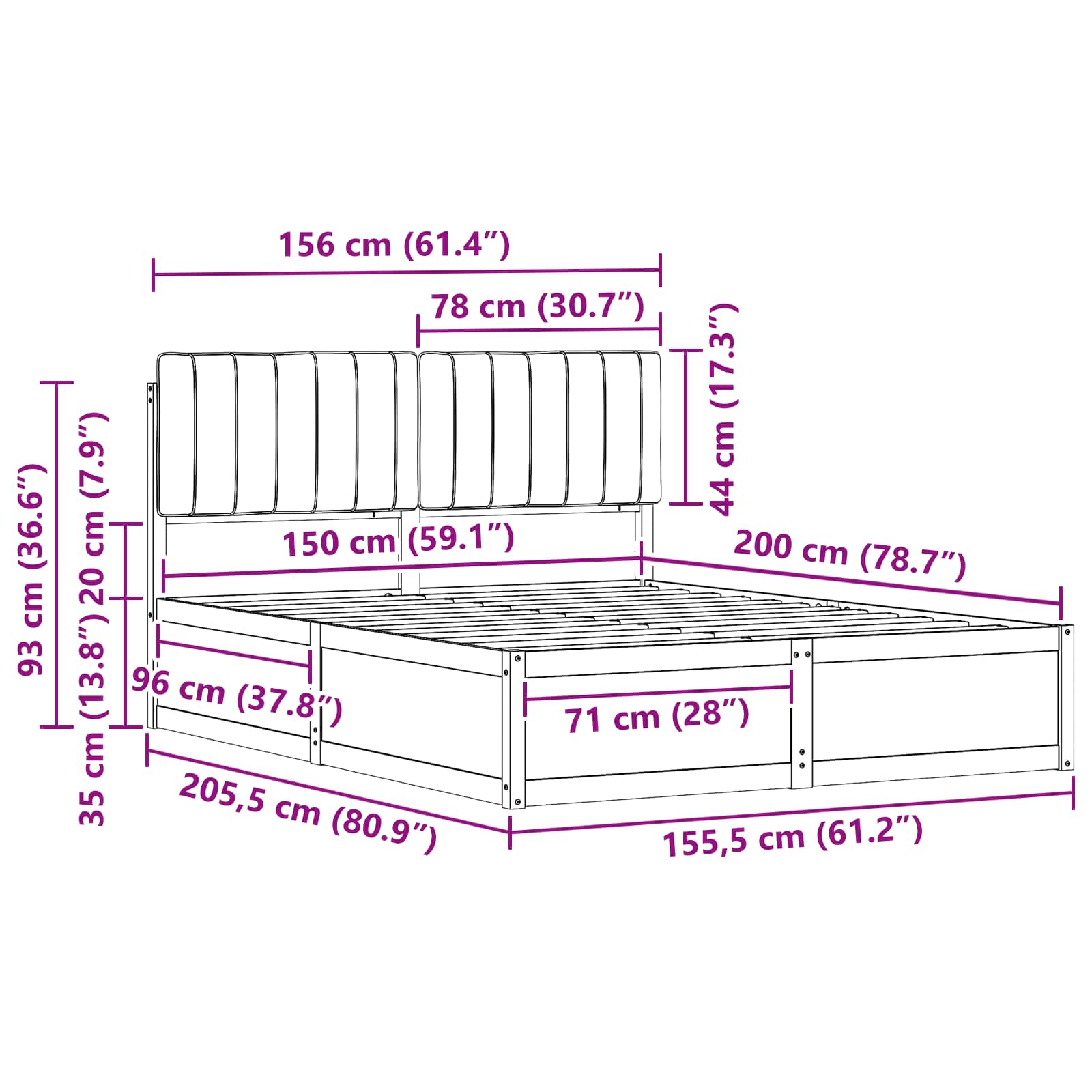Sengeramme med Polstret Hodegjerde Mørkegrå 150 x 200 cm
