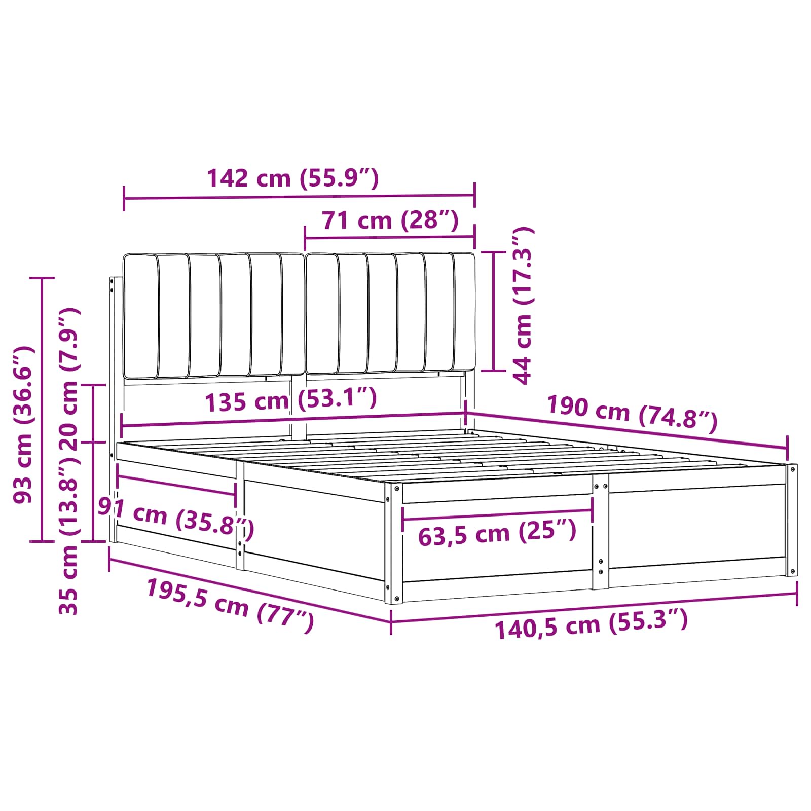 Sengeramme med Polstret Hodegjerde Mørkegrå 135 x 190 cm