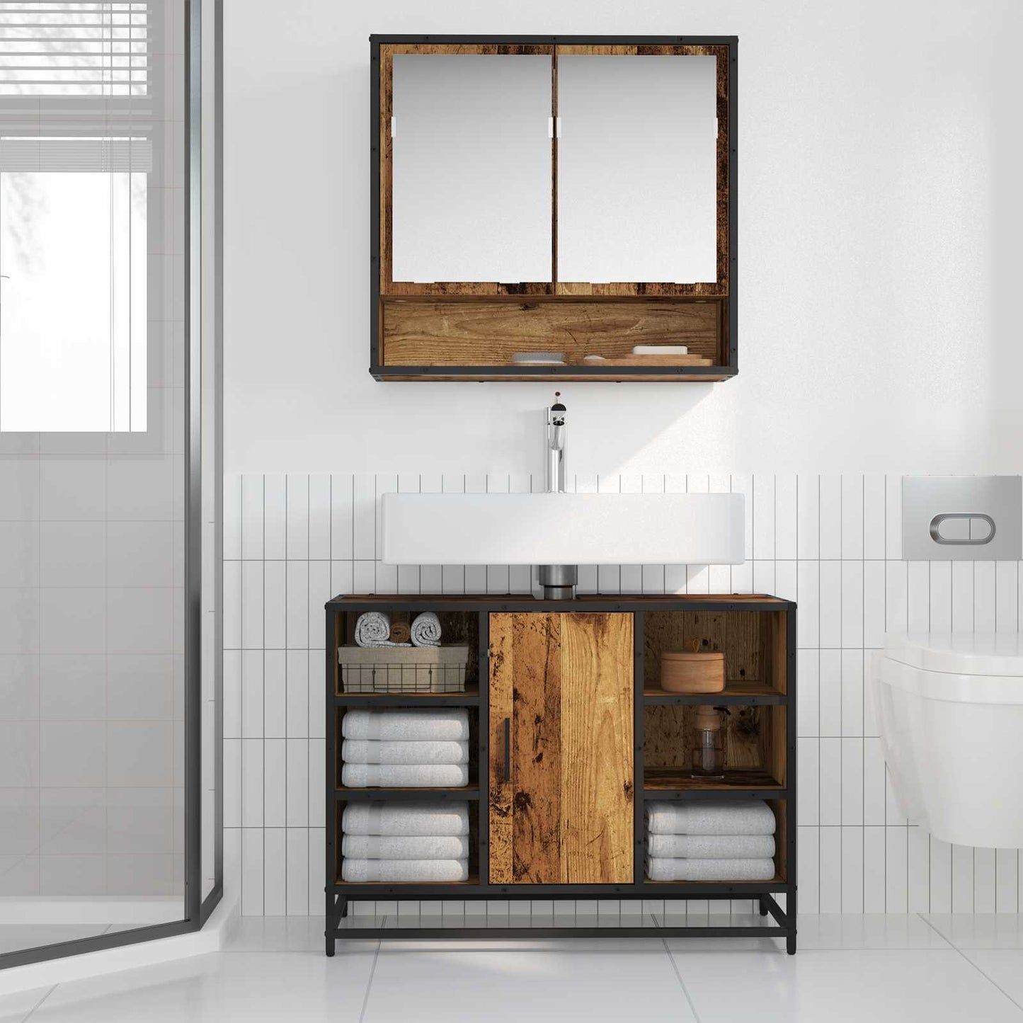 Baderomsinnredningssett med dør 2 pcs Gamle tre Konstruert tre