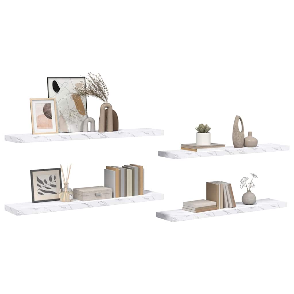 Vegghylle 4 pcs Hvit marmor 120 x 23,5 x 4 cm Konstruert tre