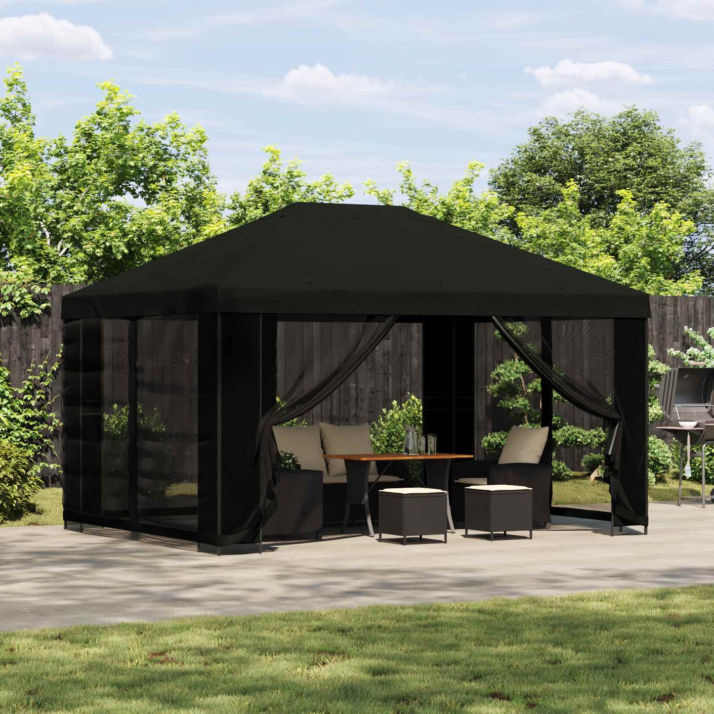 Paviljong 4 × 3 m Svart Polyester og stål 190 gsm