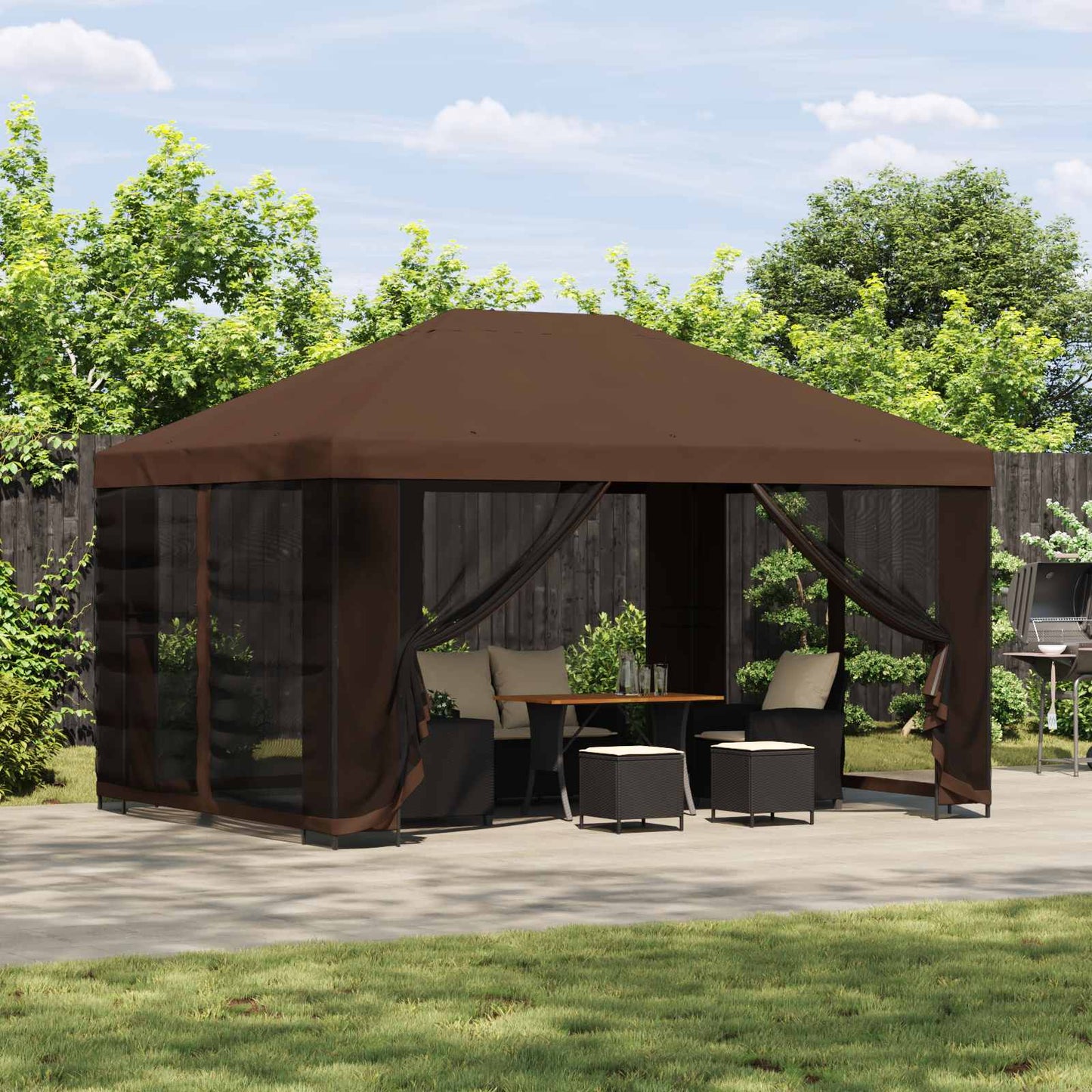 Paviljong 4 × 3 m Brun Polyester og stål 190 gsm