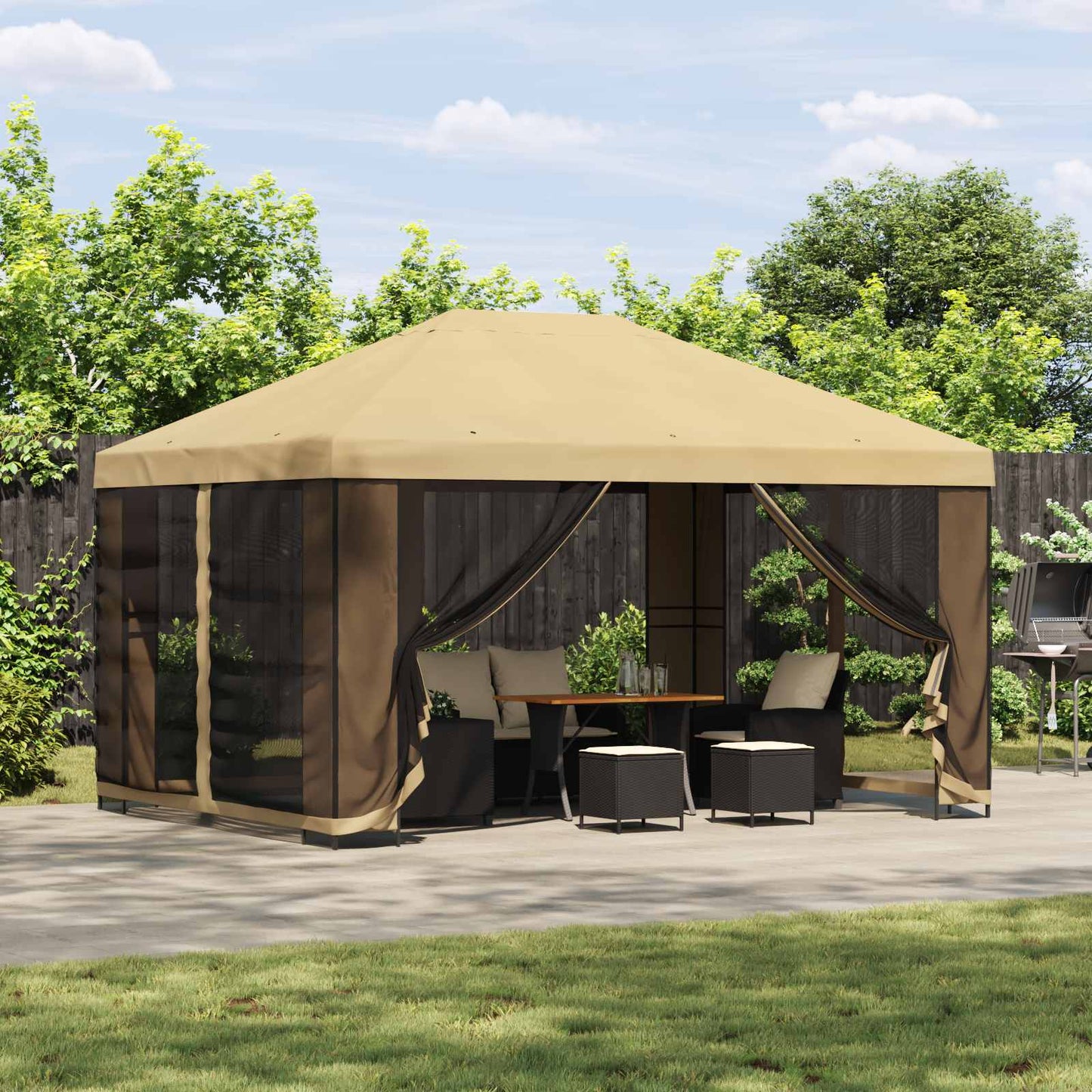 Hagepaviljong med sidevegger 4 × 3 m Krem Polyester og stål