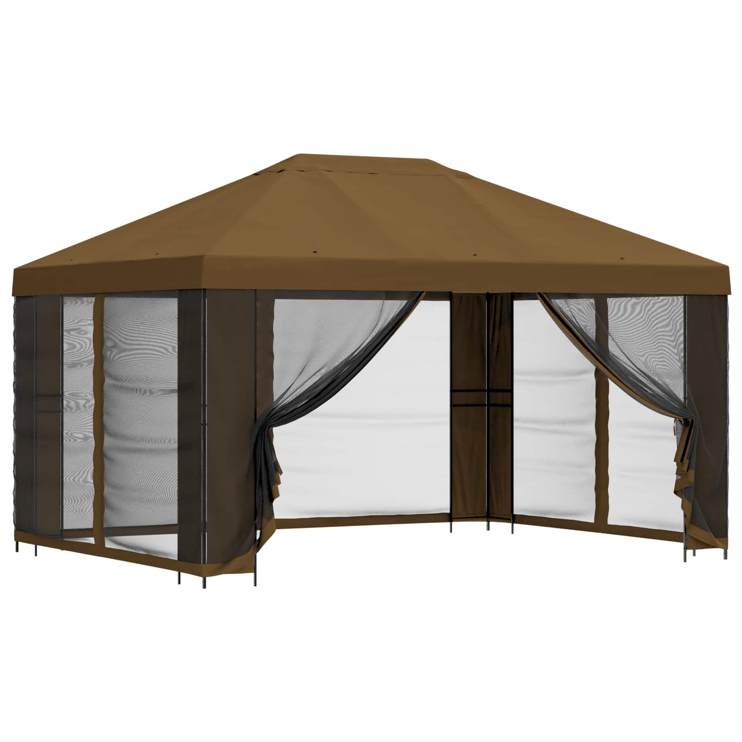 Hagepaviljong med sidevegger 4 × 3 m Gråbrun Polyester og stål