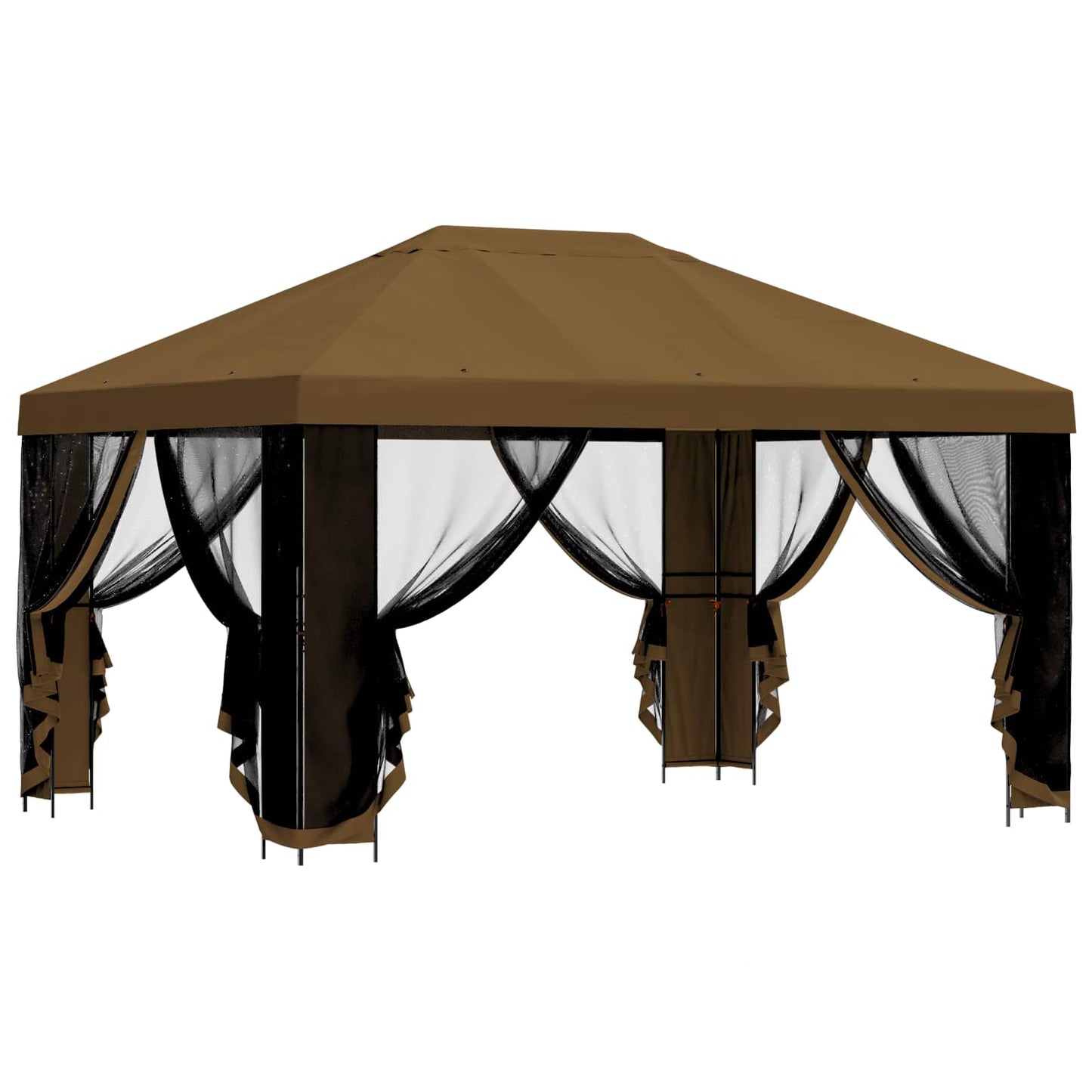 Hagepaviljong med sidevegger 4 × 3 m Gråbrun Polyester og stål