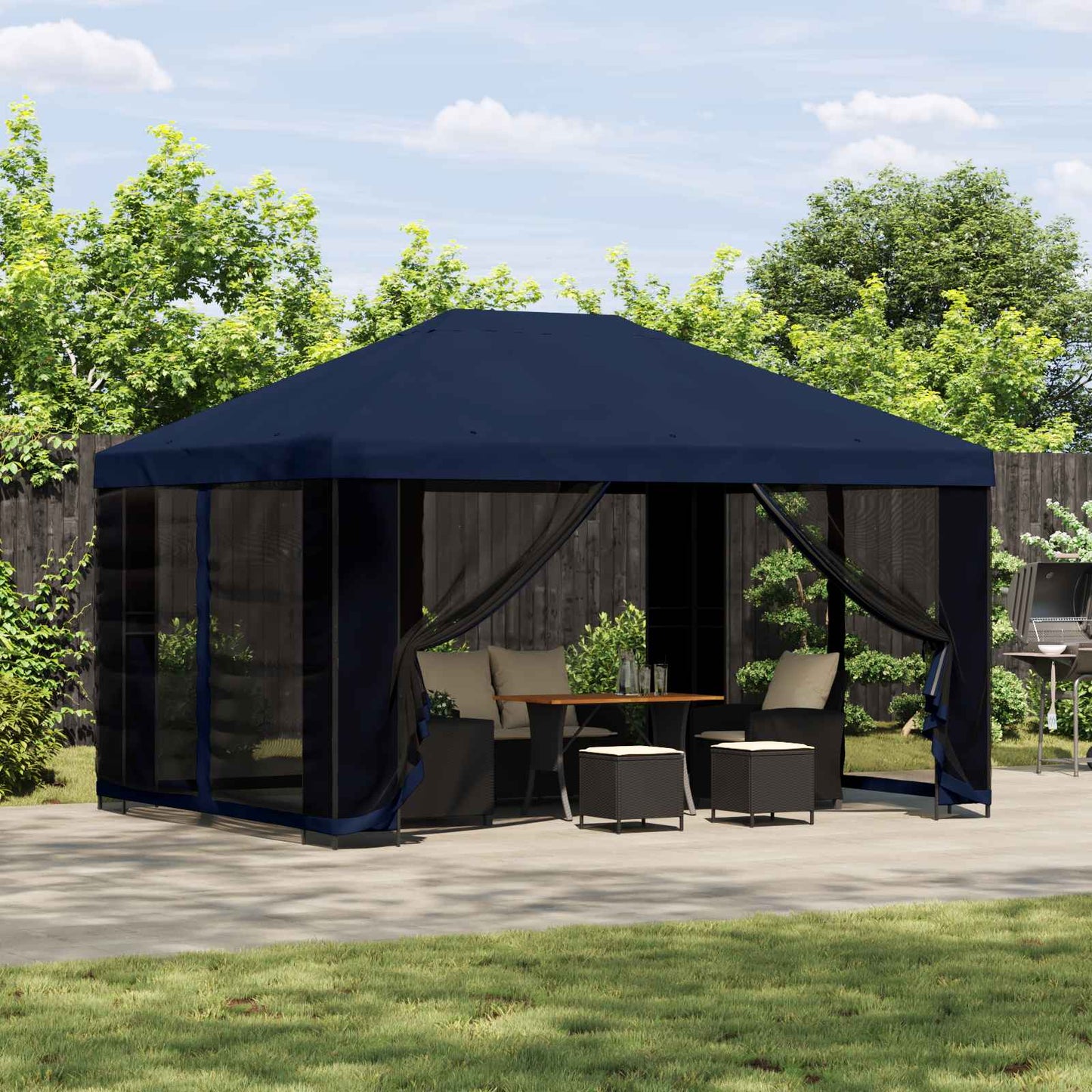 Hagepaviljong med sidevegger 4 × 3 m Blå Polyester og stål