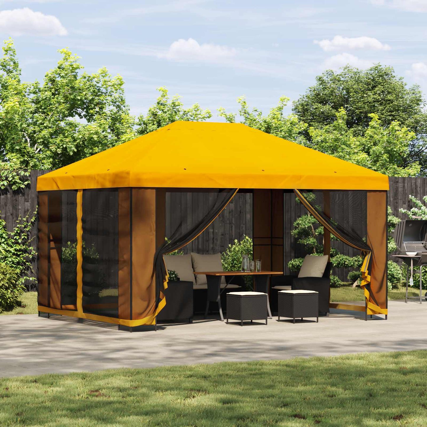 Hagepaviljong med sidevegger 4 × 3 m Gul Polyester og stål