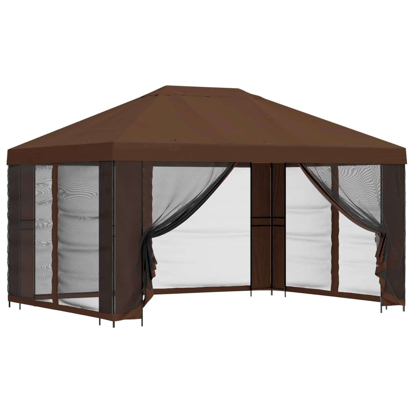 Hagepaviljong med sidevegger 4 × 3 m Brun Polyester og stål