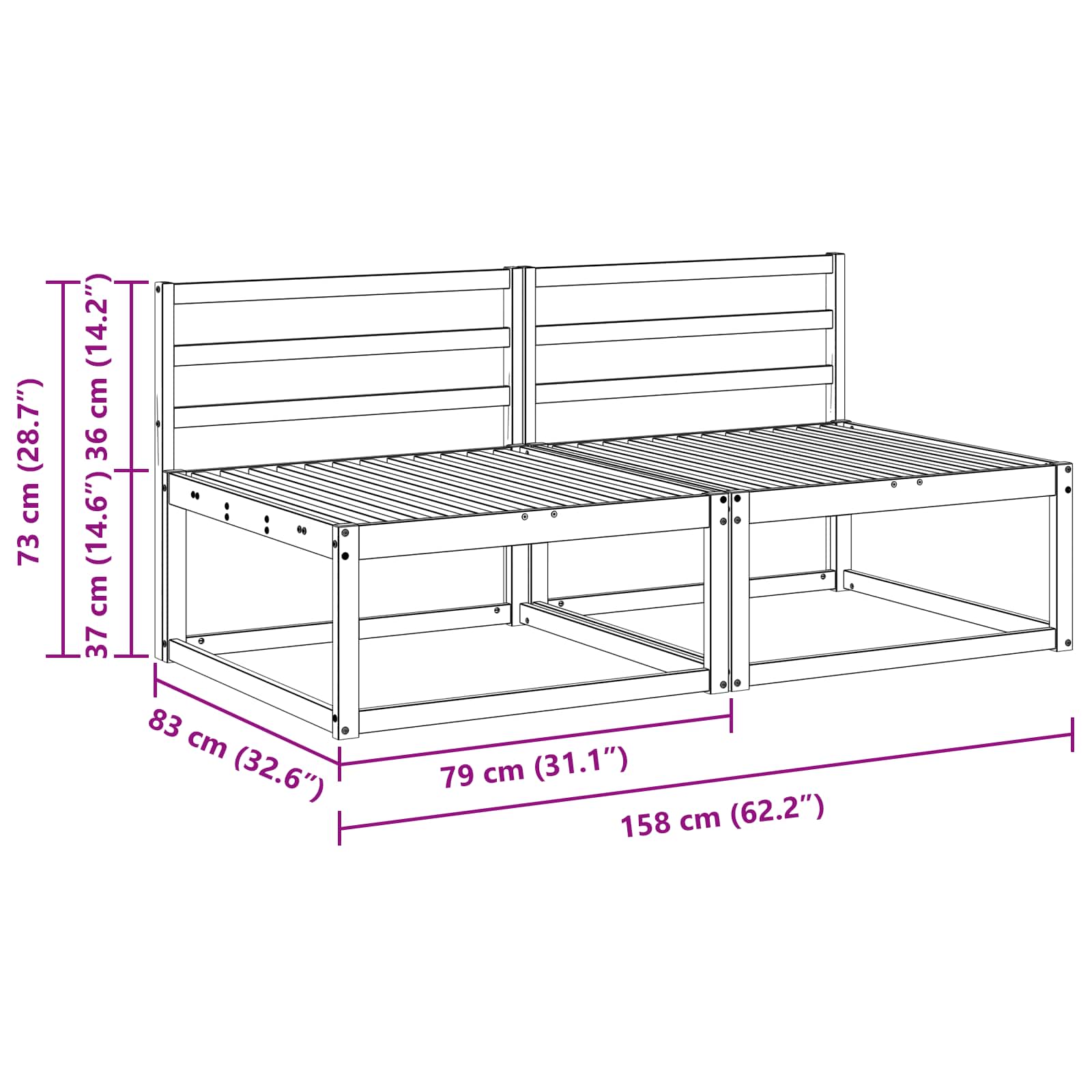 2 Stk Ute Midt Sofa Solid akasietre Naturlig 158 x 83 x 73 cm vidaXL
