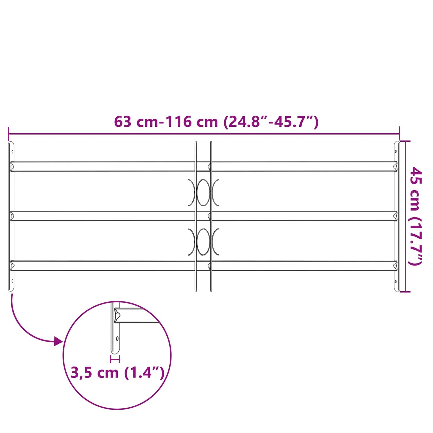 Vindu Gitter 116 x 45 cm Pulverlakkert stål Svart