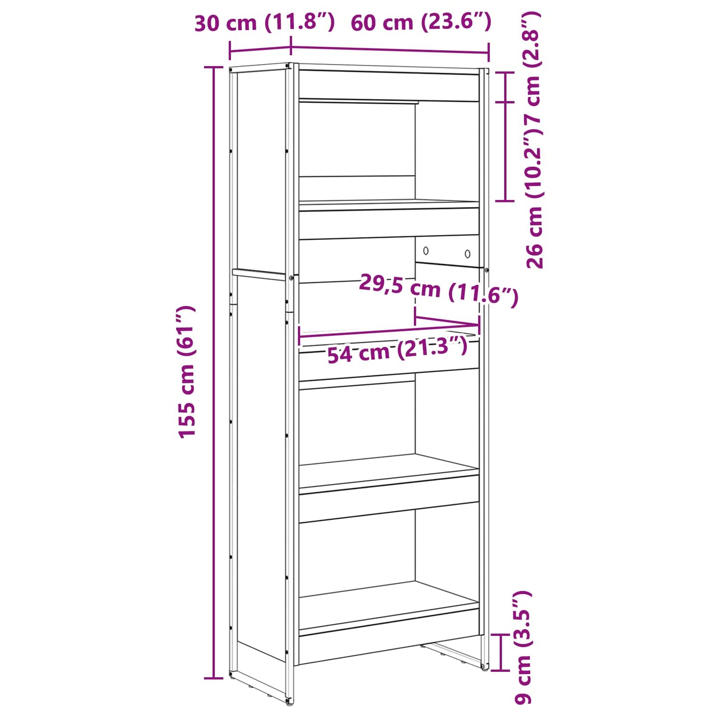 Bokskap Sonoma 60 x 30 x 155 cm Konstruert tre