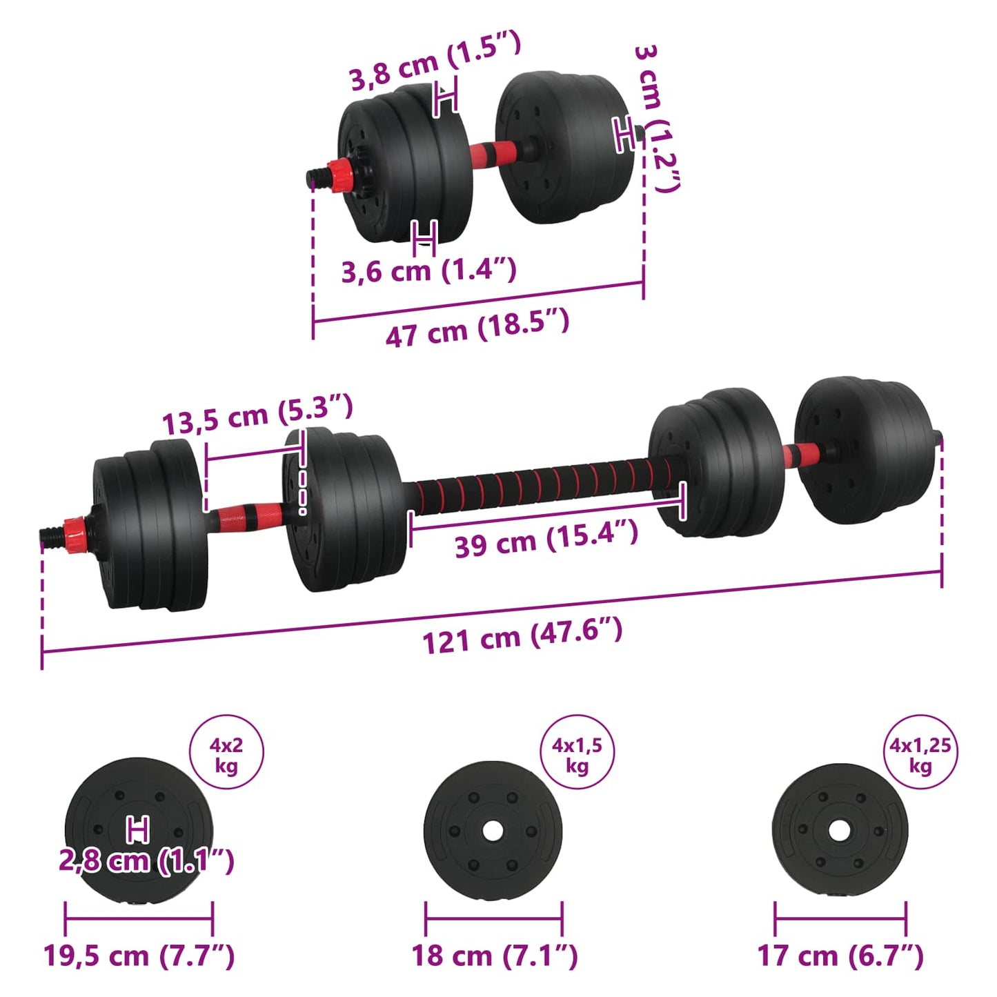 2-i-1 manual og vektstang sett 20 kg Svart og Rød