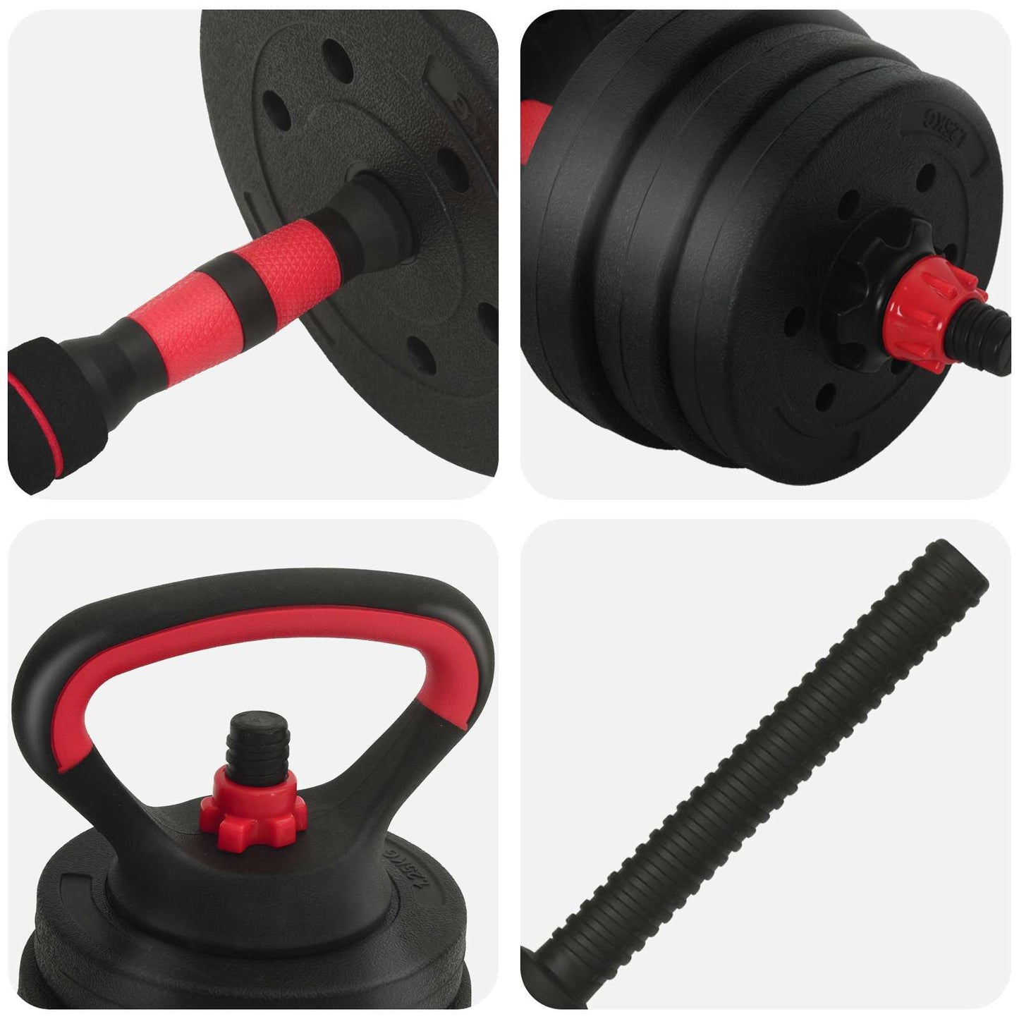4-i-1 Manualvekt Barbell Kettlebell Sett 20 kg Svart og Rød