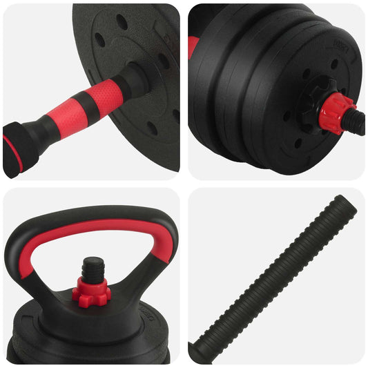 4-i-1 Manualvekt Barbell Kettlebell Sett 20 kg Svart og Rød