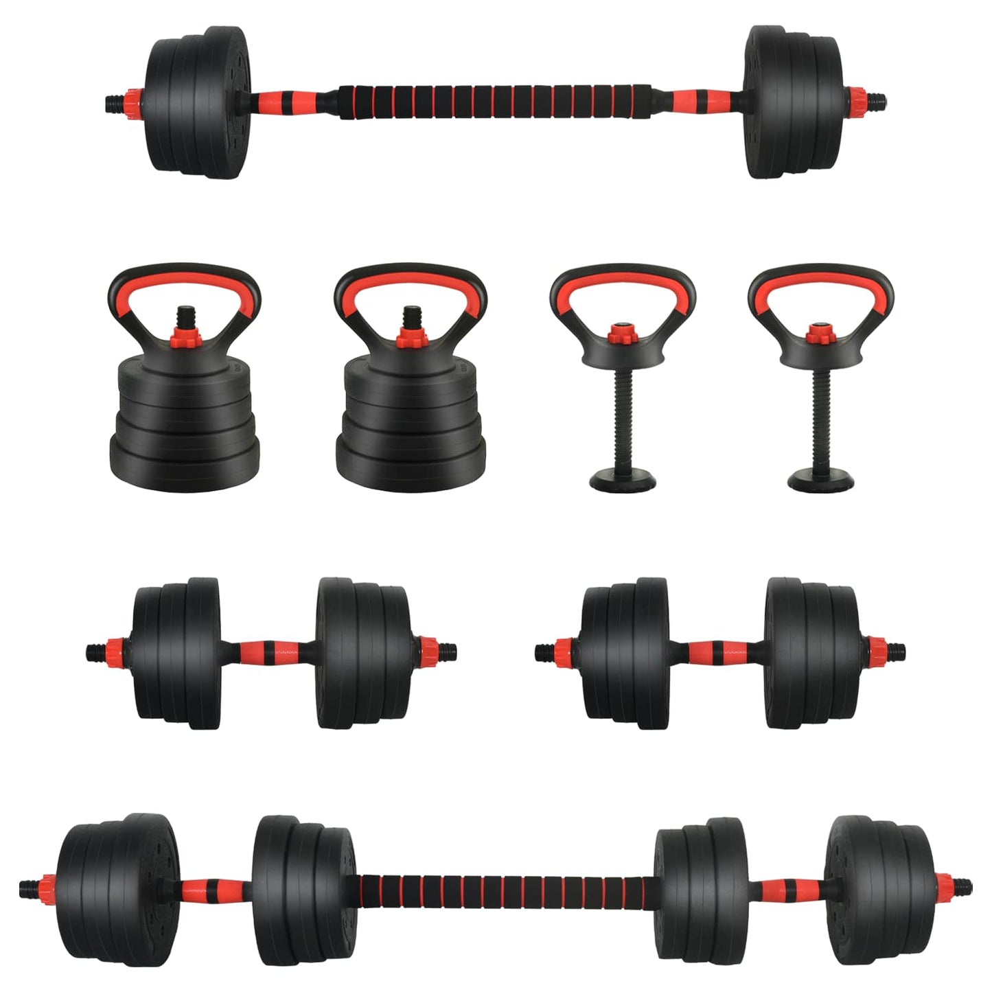 4-i-1 Manualvekt Barbell Kettlebell Sett 20 kg Svart og Rød