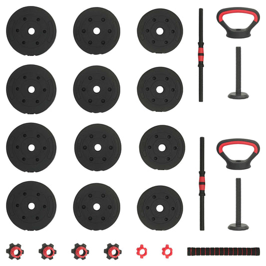 4-i-1 Manualvekt Barbell Kettlebell Sett 20 kg Svart og Rød