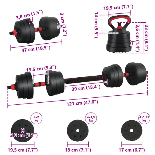 4-i-1 Manualvekt Barbell Kettlebell Sett 20 kg Svart og Rød