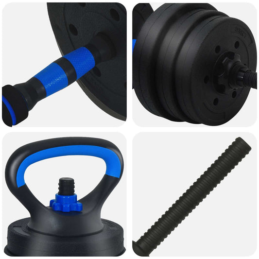 4-i-1 Manualvekt Barbell Kettlebell Sett 20 kg Svart og Blå