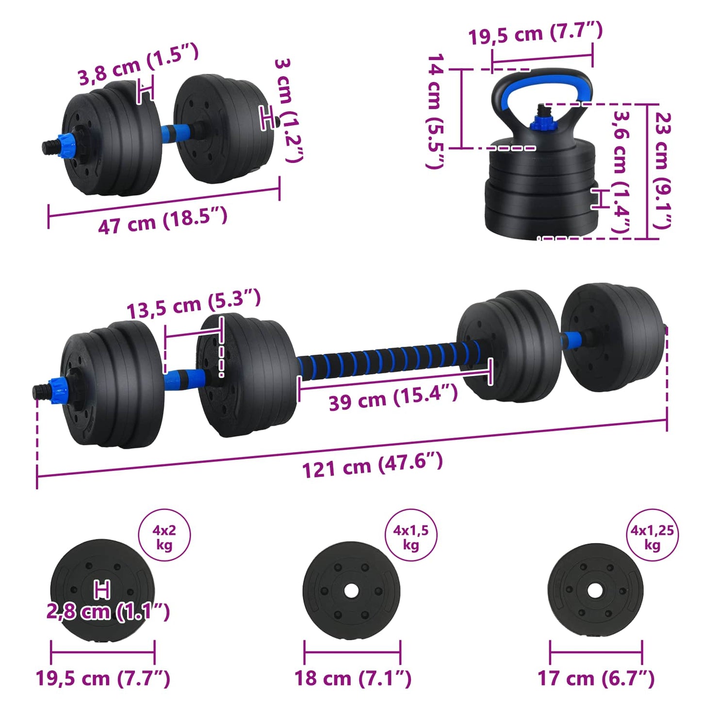 4-i-1 Manualvekt Barbell Kettlebell Sett 20 kg Svart og Blå