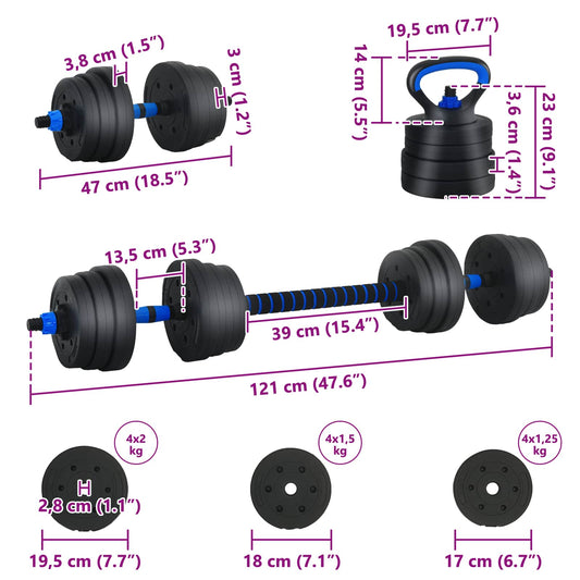 4-i-1 Manualvekt Barbell Kettlebell Sett 20 kg Svart og Blå
