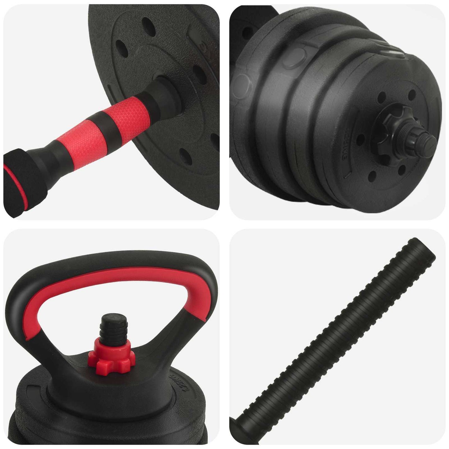 4-i-1 Manual Barbell Kettlebell Sett 30 kg Svart og Rød