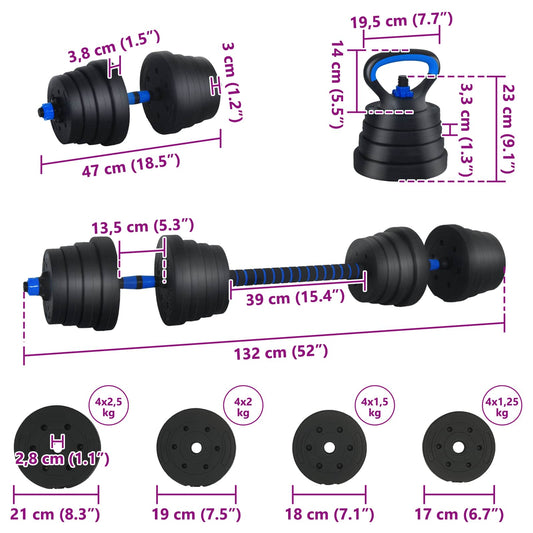 4-i-1 Manual Barbell Kettlebell Sett 30 kg Svart og Blå